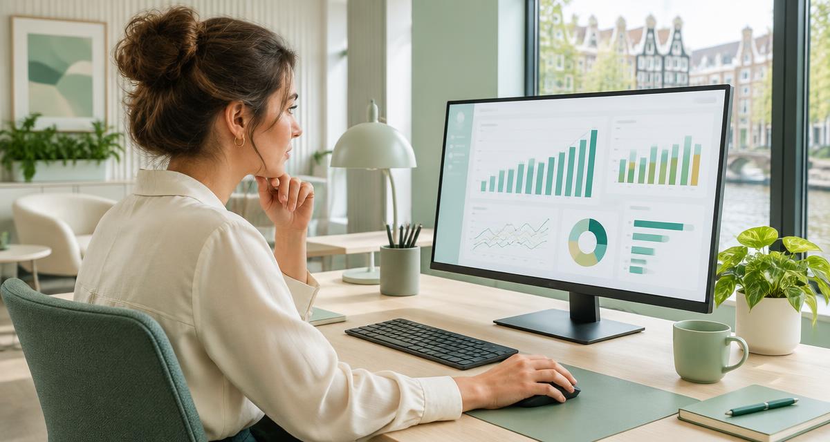 Marketeer analyseert de resultaten van online advertentiecampagnes op een groot scherm in een kantoor aan de gracht. Sfeerbeeld bij Increase, online marketingbureau in Amersfoort.