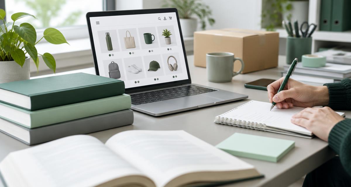 Ondernemer maakt aantekeningen naast zakelijke boeken en een laptop met een webwinkel