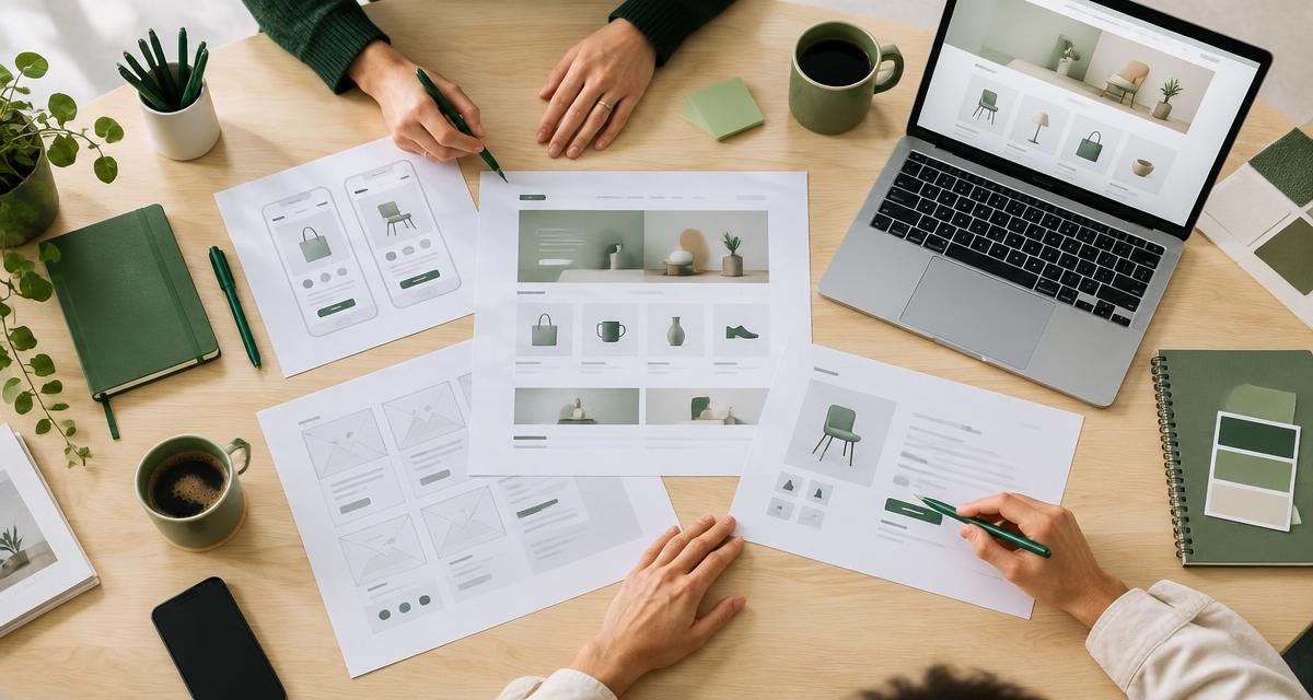 Samenwerking aan een webshopontwerp met schetsen, productpagina’s en een laptop op een overlegtafel.