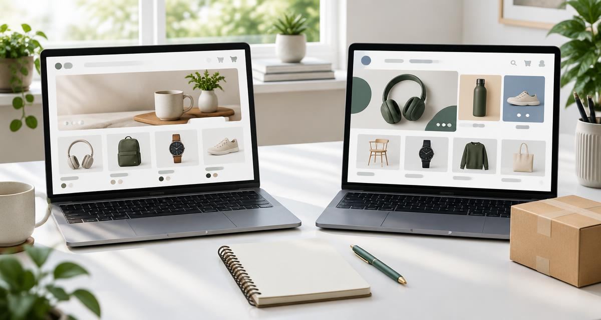 Twee laptops met verschillende webshopindelingen naast elkaar voor het vergelijken van webshopsoftware.