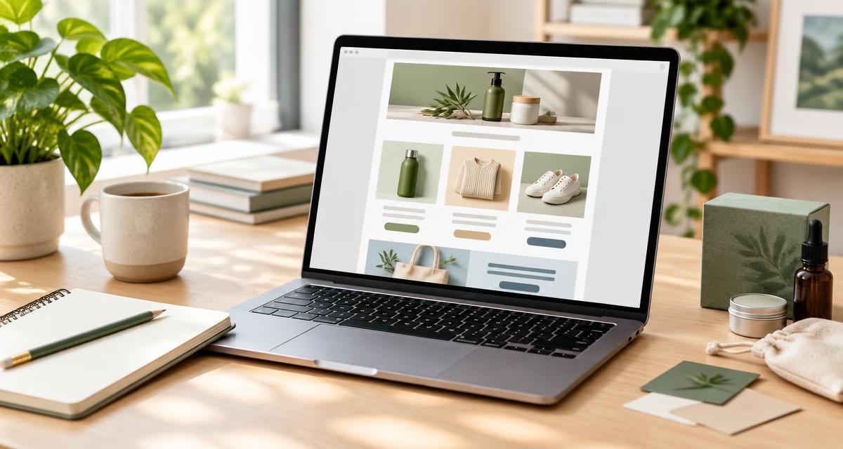 Laptop met een nieuwsbriefindeling en productfoto’s op een werkplek met webshopproducten.