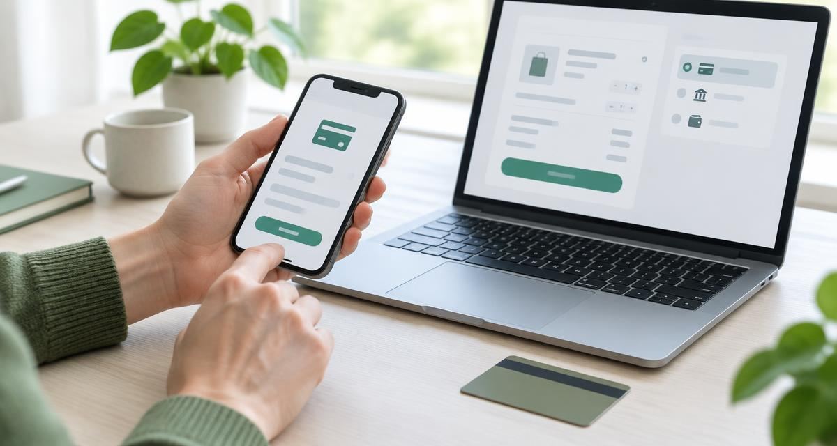 Online afrekenen op een smartphone naast een laptop met een betaalpagina en een bankkaart.
