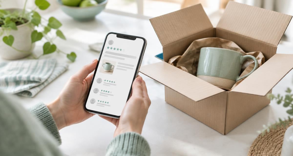 Klant bekijkt productbeoordelingen op een smartphone naast een ontvangen pakket met een mok.