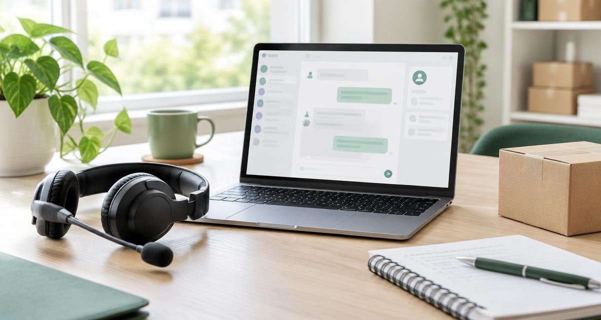 Klantenservicewerkplek met een headset, laptop met berichtenvenster en een verzendpakket.
