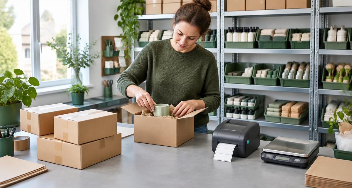 Webwinkelier verpakt een mok bij een compacte voorraadstelling met verzenddozen, labelprinter en pakketweegschaal