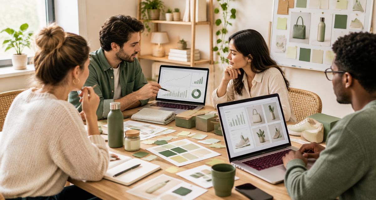 Marketingteam bespreekt een online campagne voor een webshop aan een tafel met laptops, grafieken en productmonsters.