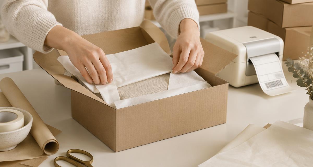 Handen pakken een webshopbestelling in een kartonnen doos met zijdepapier naast een labelprinter. Sfeerbeeld bij Future Fulfilment, fulfilmentbedrijf voor webshops.