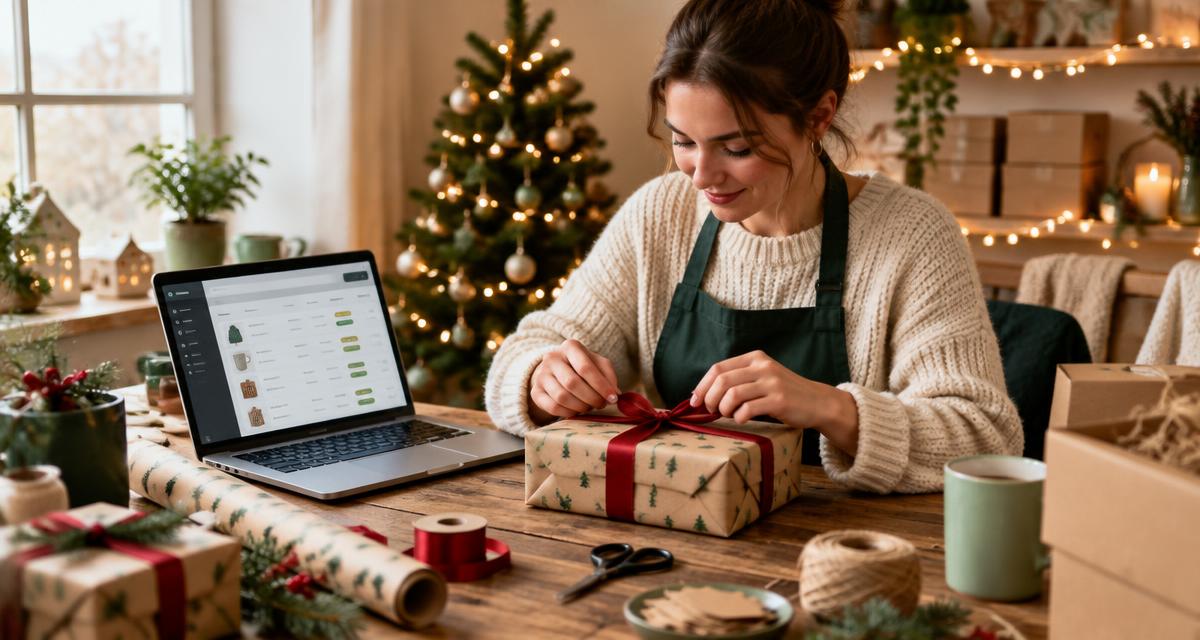 Webshopeigenaar pakt een kerstpakket met rood lint in naast een laptop met bestellingen, met een kerstboom op de achtergrond