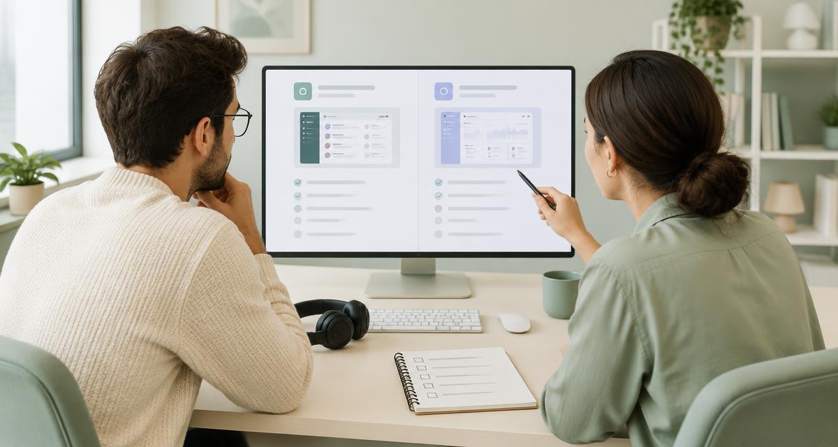 Twee collega’s vergelijken twee softwarepakketten op een groot scherm met een checklist ernaast