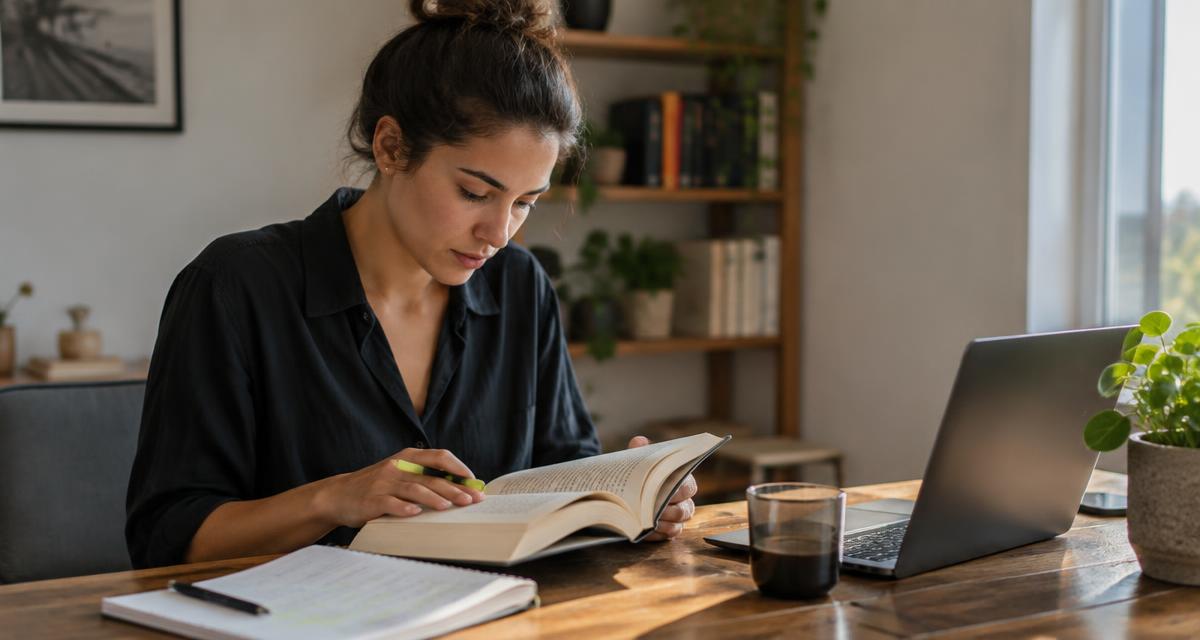 Ondernemer leest een zakelijk boek en markeert passages naast een laptop en notitieboek.