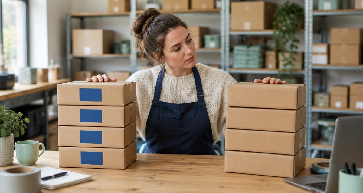 Webwinkelier vergelijkt aan een inpaktafel twee stapels verzenddozen, één voor marktplaatsorders en één voor de eigen webshop