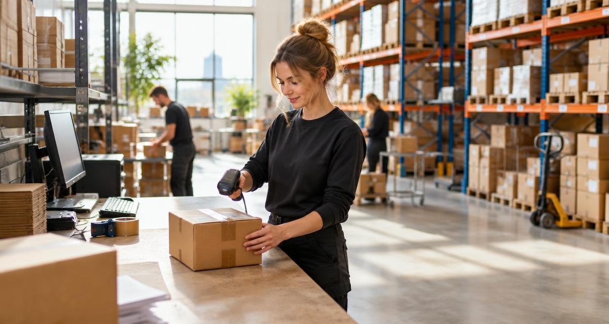 Medewerker scant een pakket in een fulfilmentmagazijn; sfeerbeeld voor bedrijven die zich presenteren op Cart.nl.