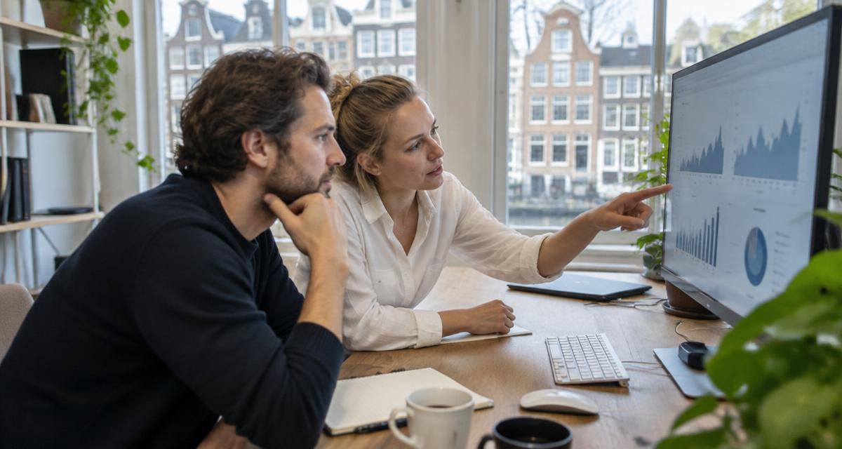 Twee collega's bespreken grafieken met marketingresultaten op een groot scherm in een grachtenpand.