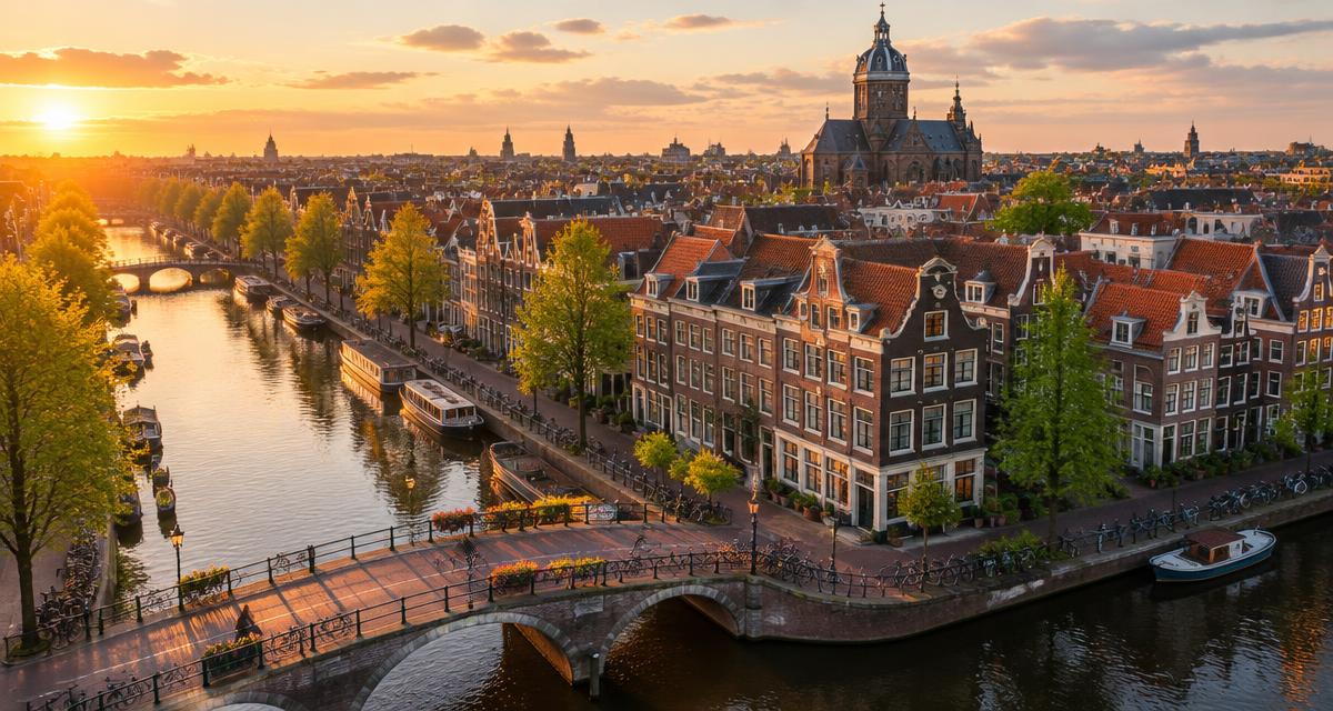 Luchtfoto van een Nederlandse binnenstad met grachten, bruggen en fietsen bij zonsondergang.