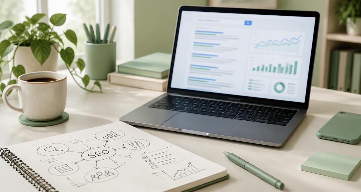 Laptop met zoekresultaten en grafieken naast een notitieboek met een schets van zoekmachineoptimalisatie. Sfeerbeeld bij Endless Webdesign, online marketingbureau in Dronten.