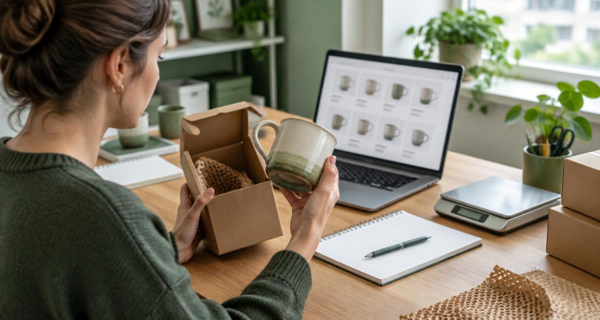 Webwinkelier inspecteert een proefproduct en beschermende verpakking naast een laptop met productoverzicht en een pakketweegschaal