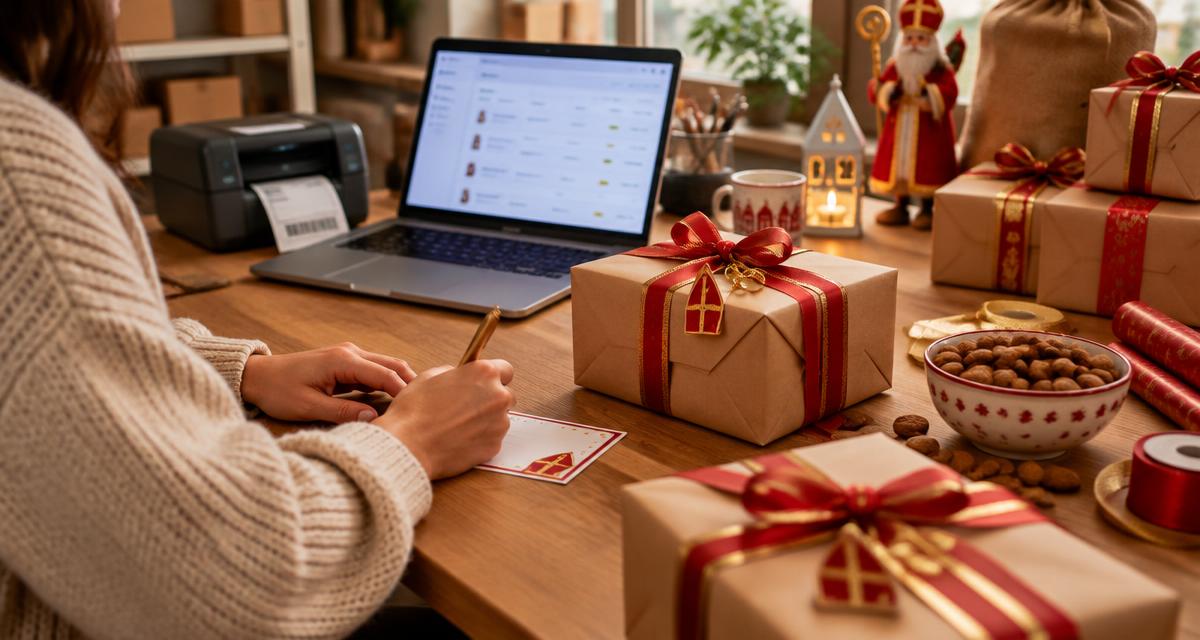 Webshopeigenaar schrijft een cadeaukaartje bij ingepakte Sinterklaaspakketten naast een laptop met bestellingen