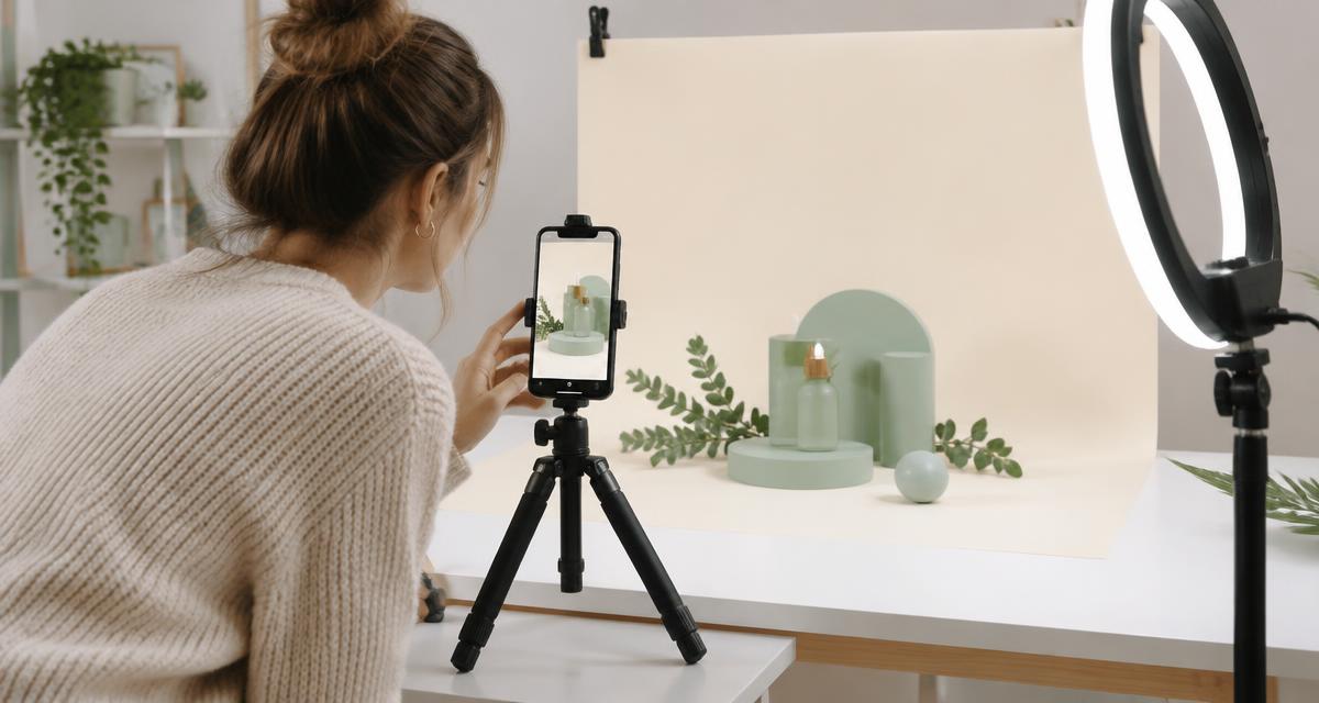 Contentmaker fotografeert een webshopproduct met een smartphone op statief en ringlamp voor sociale media. Sfeerbeeld bij verkopen via Marktplaats Zakelijk.