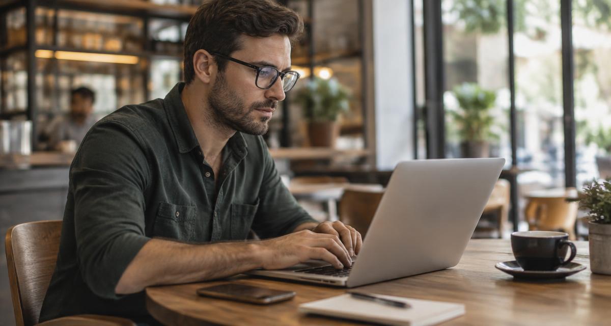 Ondernemer richt zijn webshop in op een laptop aan een tafel in een café.