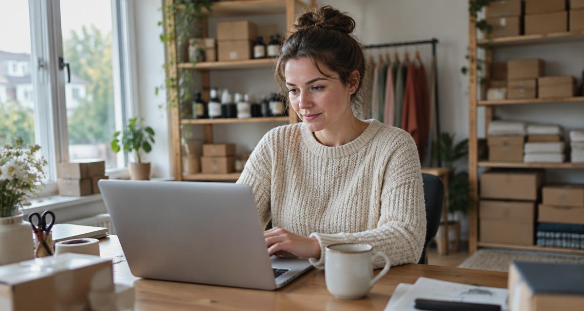 Webshopondernemer werkt op haar laptop in een lichte thuisstudio met producten en verzenddozen in de kasten.
