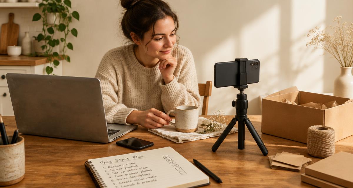 Startende ondernemer fotografeert handgemaakte producten met een smartphone op een statief naast een laptop, een verzenddoos en een notitieboekje met een startplan aan een houten keukentafel