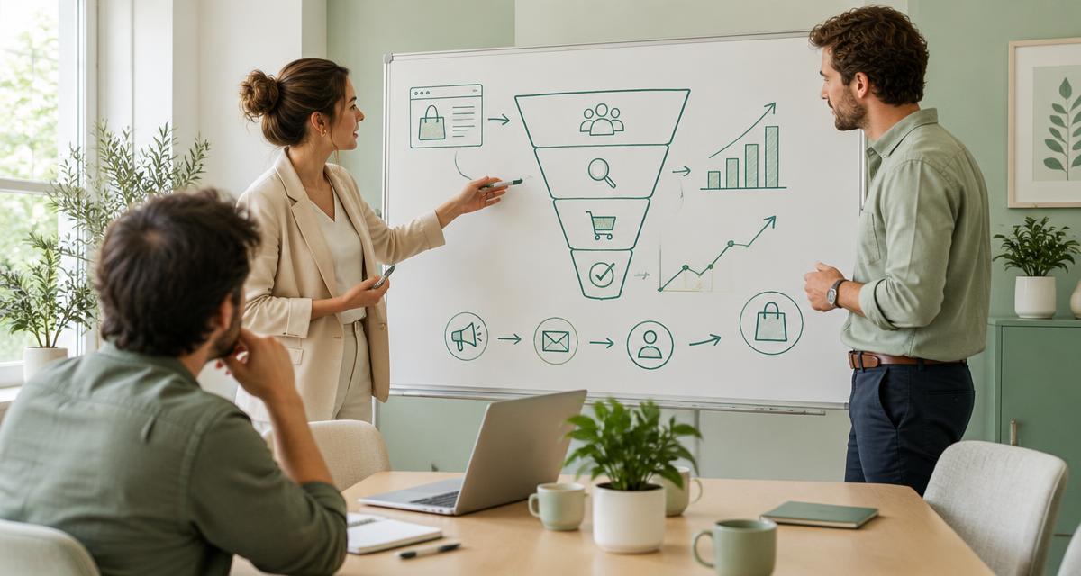 Adviseurs presenteren een groeistrategie met een verkooptrechter op een whiteboard aan een webshopeigenaar. Sfeerbeeld bij verkopen via 2dehands.