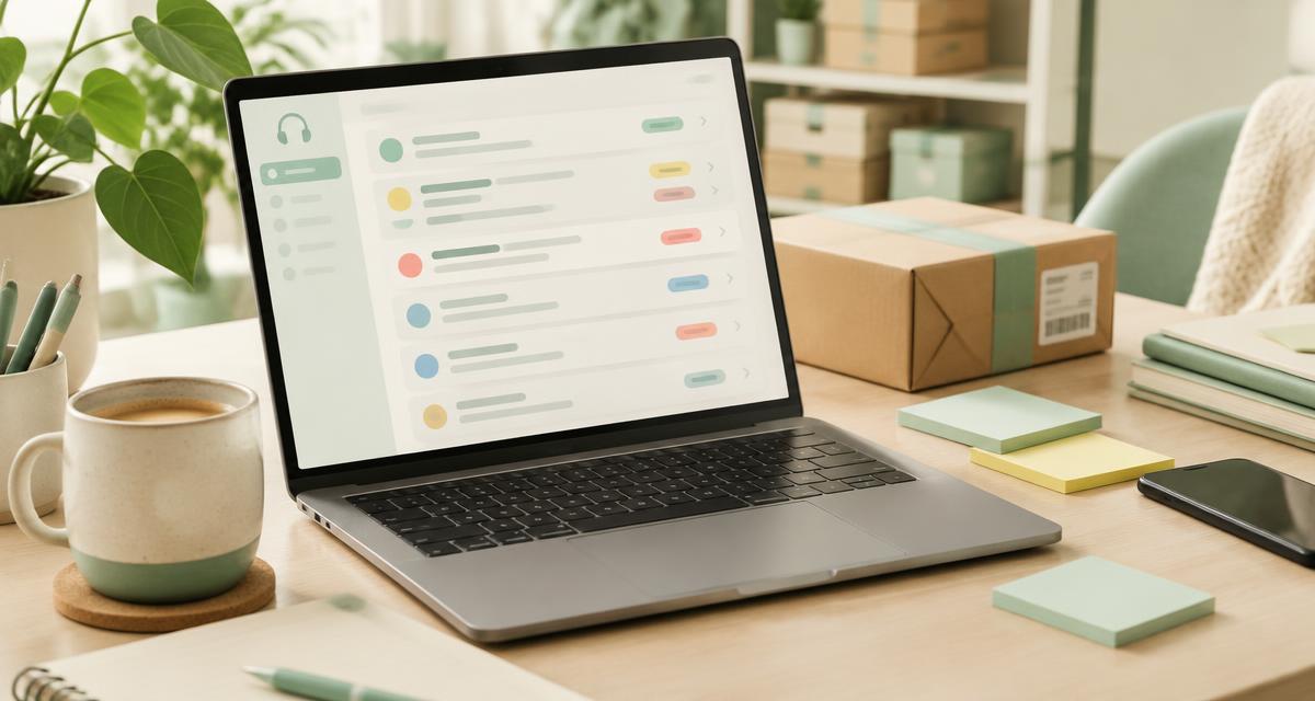Laptop met een overzicht van gekleurde klantvragen naast een pakket en memoblaadjes op een bureau