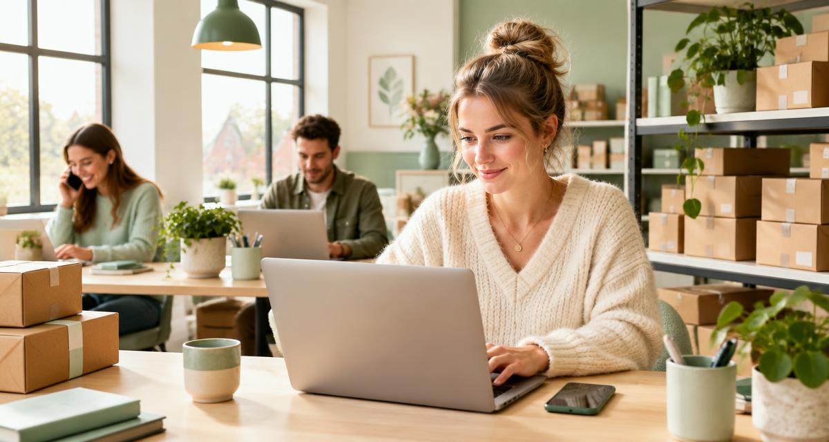 Klantenserviceteam van een webshop beantwoordt berichten op laptop en telefoon tussen verzenddozen