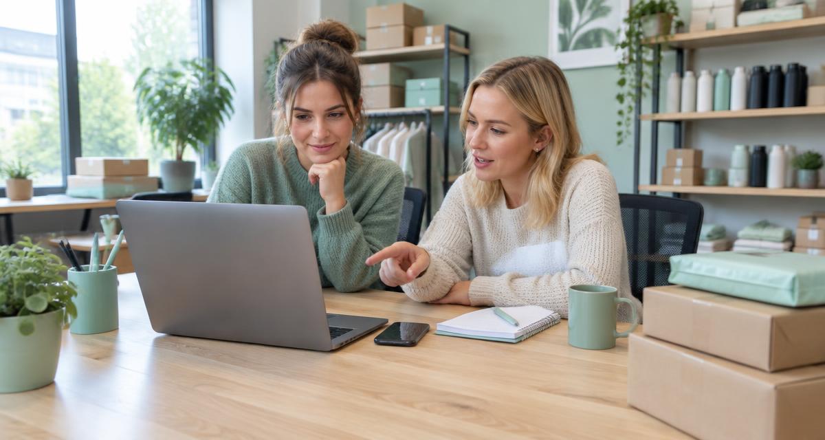 Twee webshopmedewerkers bespreken klantvragen naast een laptop en verzenddozen.