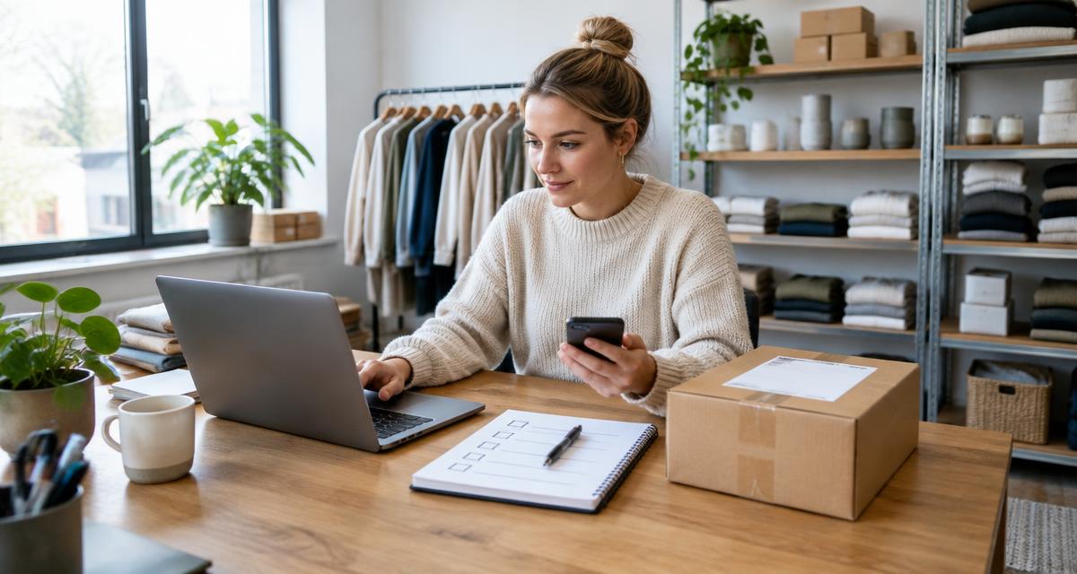 Webshopondernemer controleert een klantvraag op telefoon en laptop naast een bestelling