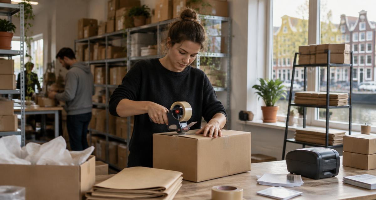 Medewerker sluit een kartonnen verzenddoos af met tape naast een labelprinter in een klein magazijn.