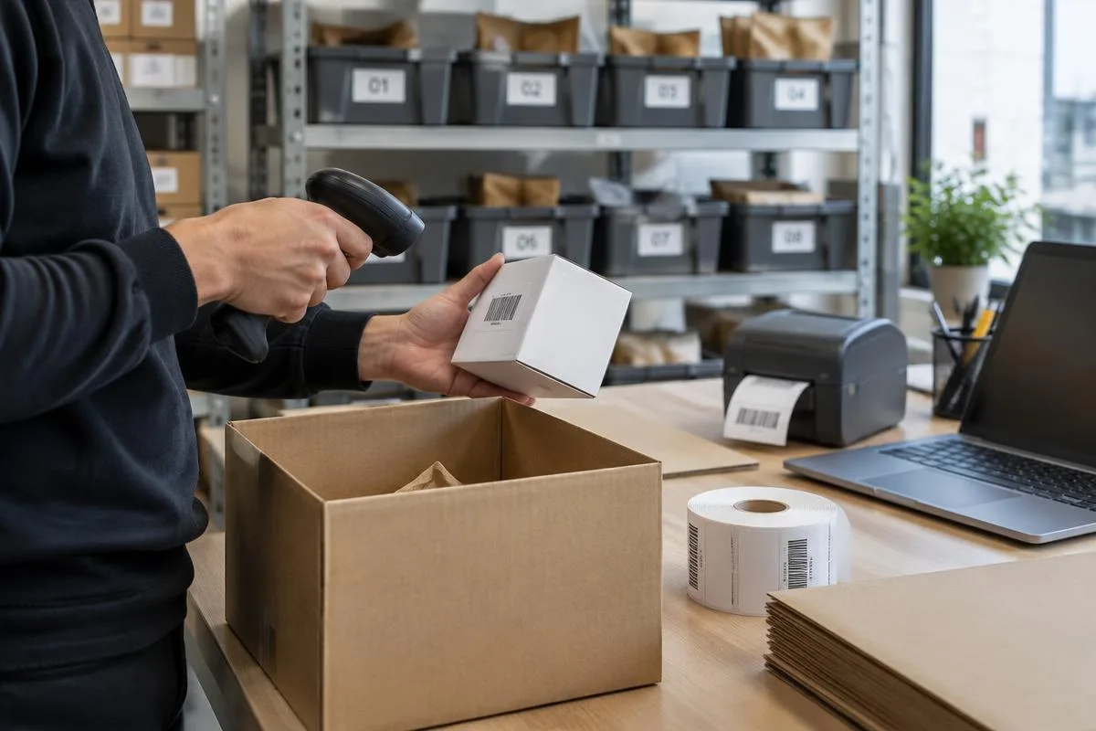 Handen scannen een product bij een inpaktafel met verzenddoos, labelprinter en laptop