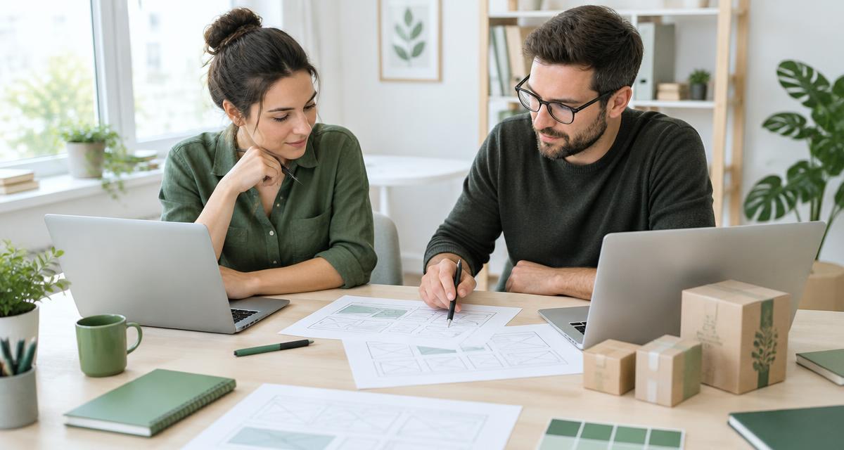 Twee ondernemers plannen hun webshop aan een bureau met laptops, paginaschetsen en productdozen