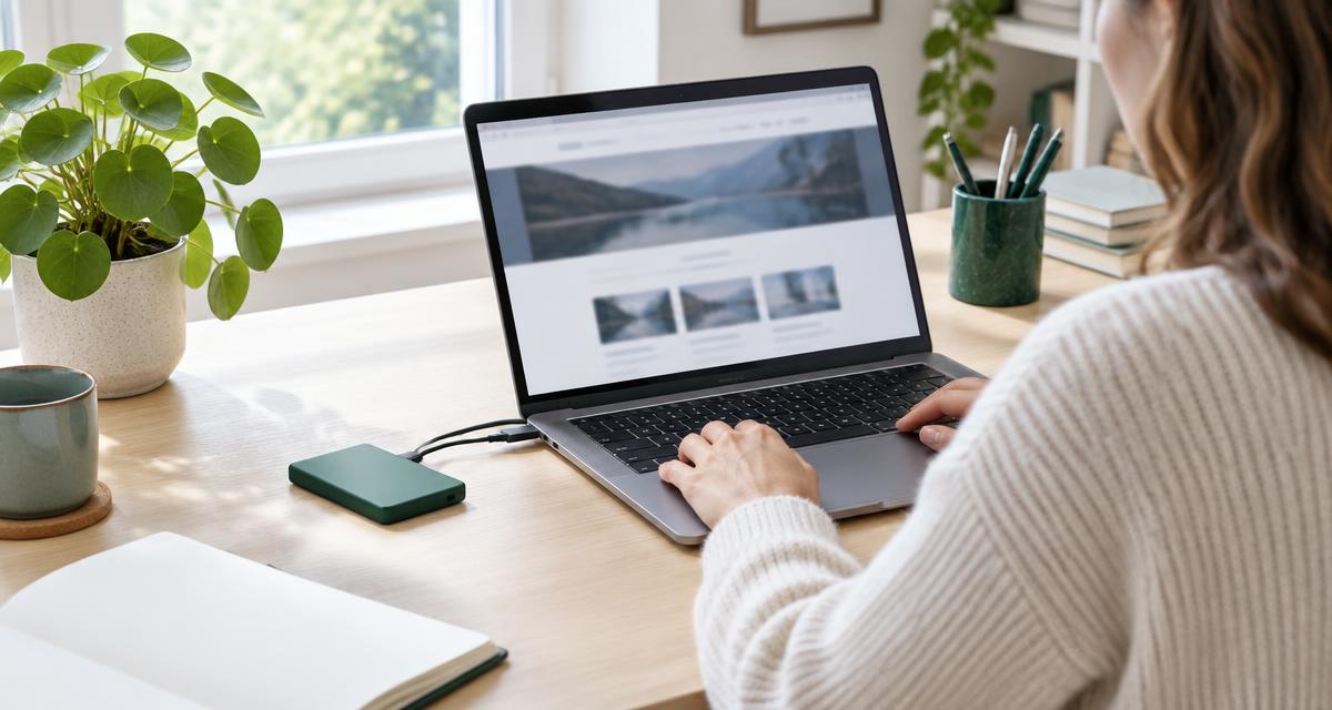 Ondernemer werkt aan een website met een externe back-upschijf aangesloten op de laptop
