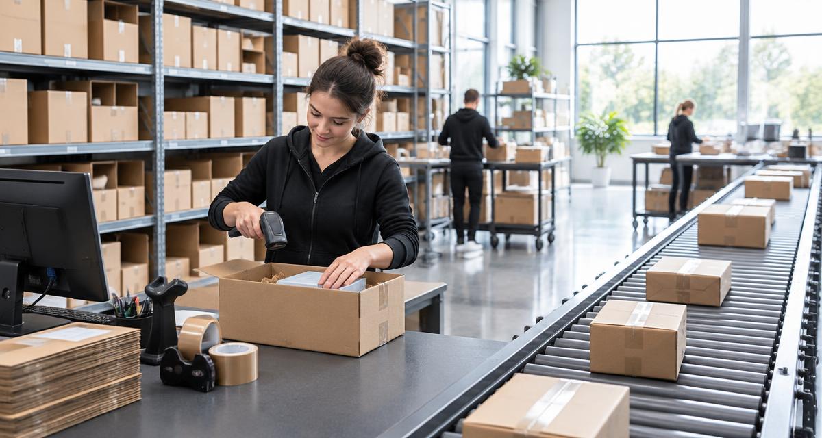 Medewerker pakt een webshopbestelling in bij een inpaktafel in een fulfilmentmagazijn met stellingen en pakketten