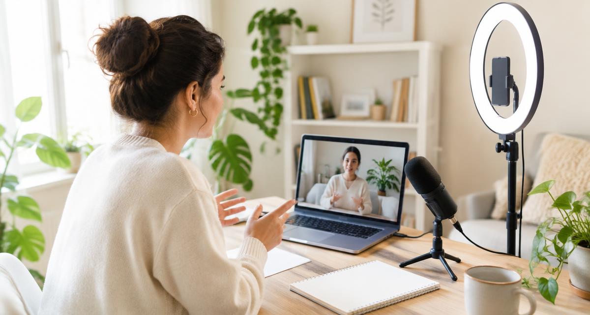 Vrouw neemt een online les op met laptop, microfoon en ringlamp in een lichte thuisstudio met planten