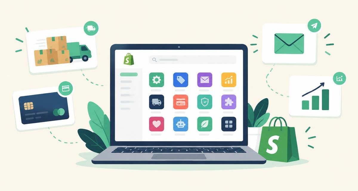 Laptop met een app-overzicht erop, omringd met kaarten met verpakkingsdozen, bankpas, e-mail en groeidiagram als illustratie bij het kiezen van Shopify-apps