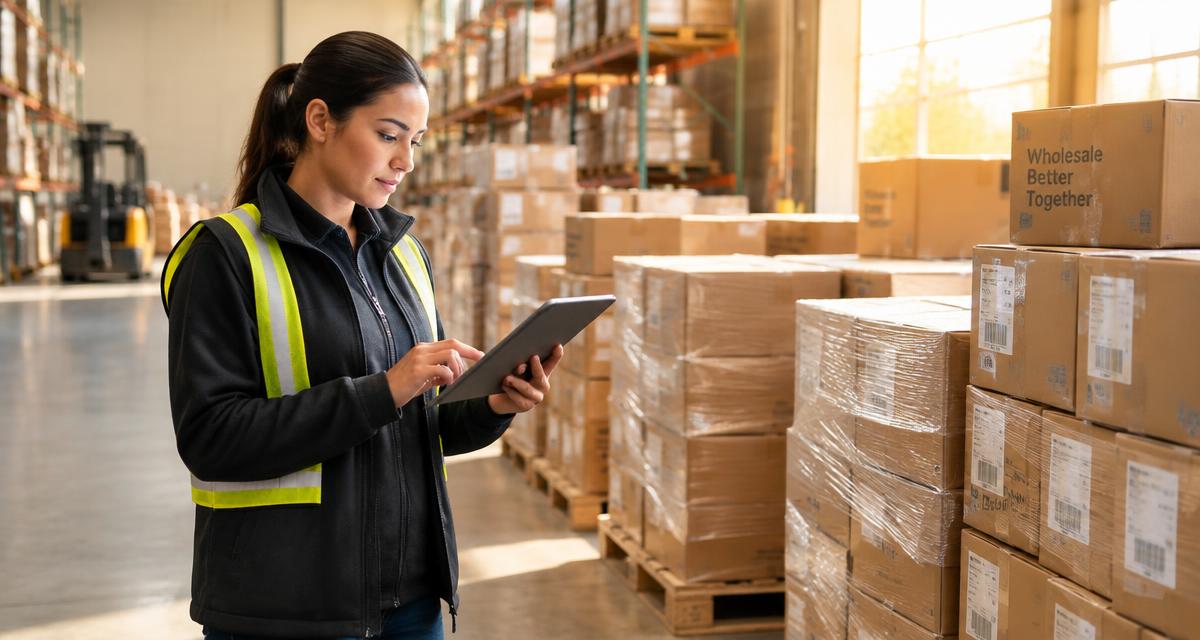 Groothandelsmagazijn met gestapelde dozen op pallets en een medewerker die een bestelling controleert op een tablet
