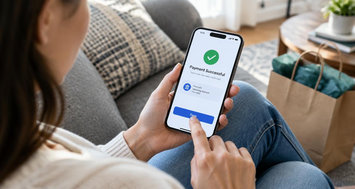 Persoon rondt een online aankoop af op een smartphone met een betaalbevestiging van een bankapp
