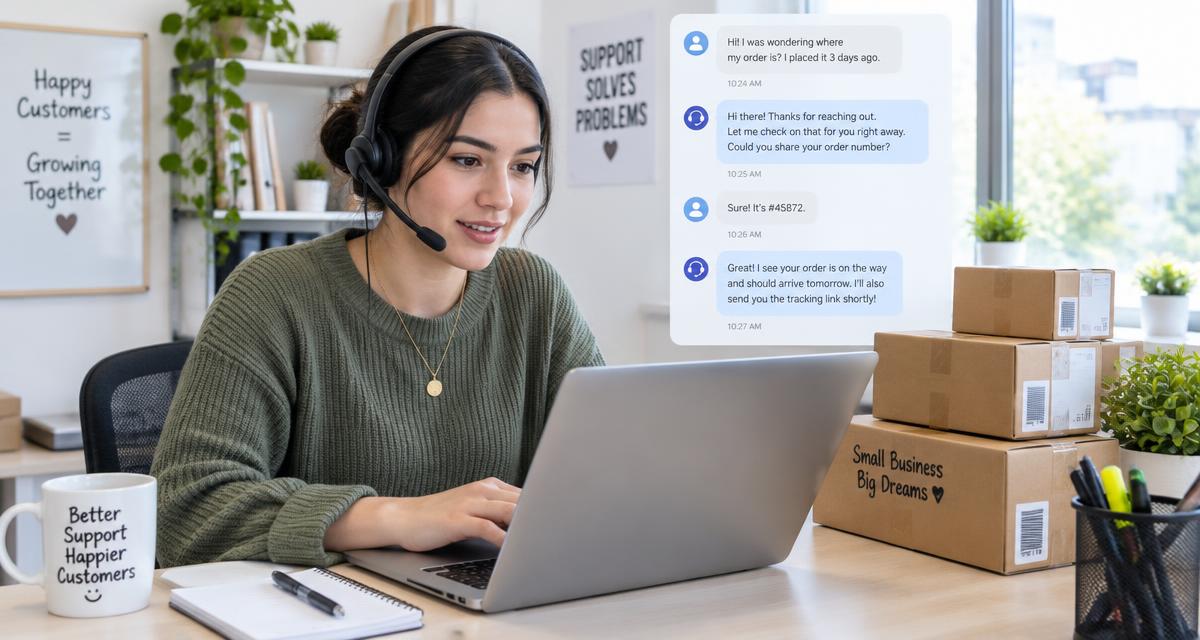 Klantenservicemedewerker met headset beantwoordt chatberichten op een laptop naast een stapel verzenddozen