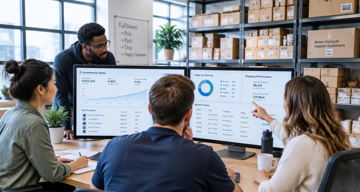 E-commerceteam bekijkt verkoopdashboards op grote schermen in een kantoor met verzenddozen op de achtergrond