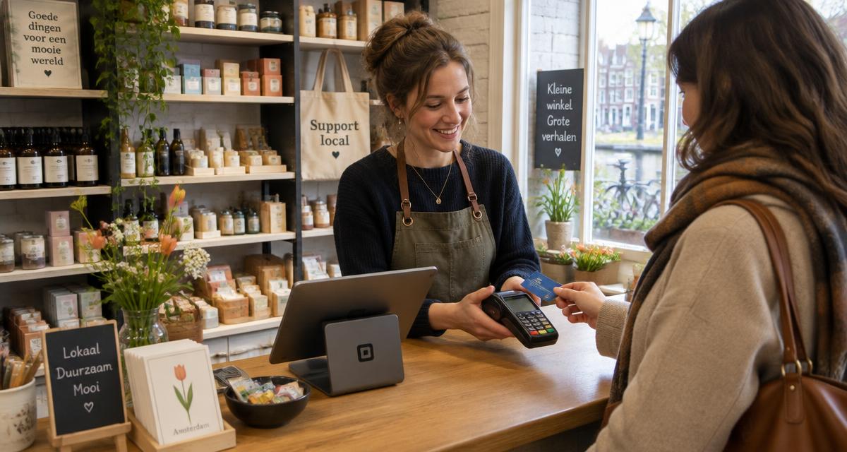 Winkeleigenaar helpt een klant met pinnen bij een betaalterminal naast een tablet als kassa in een kleine boetiek