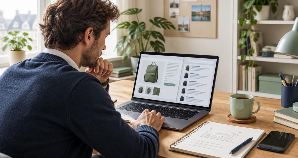 Ondernemer achter een laptop waarop een webshopproductpagina en een lijst zoekresultaten staan, met daarnaast een notitieboek met een stijgende grafiek