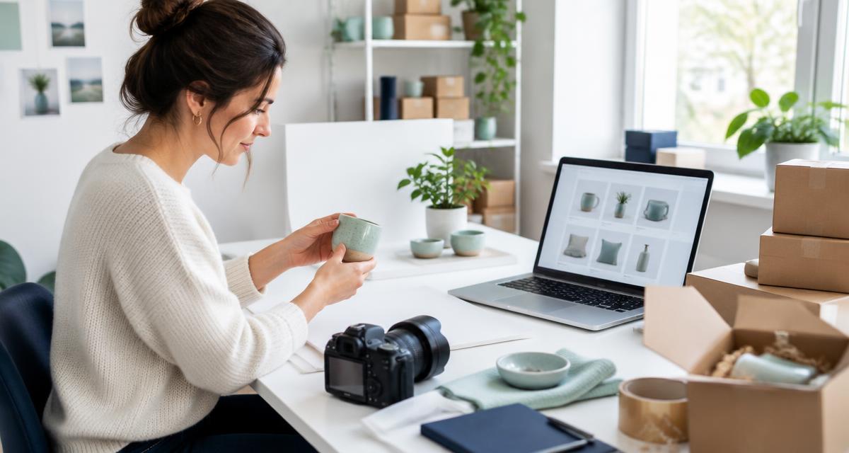 Ondernemer fotografeert producten voor haar nieuwe webshop terwijl op een laptop een productoverzicht openstaat