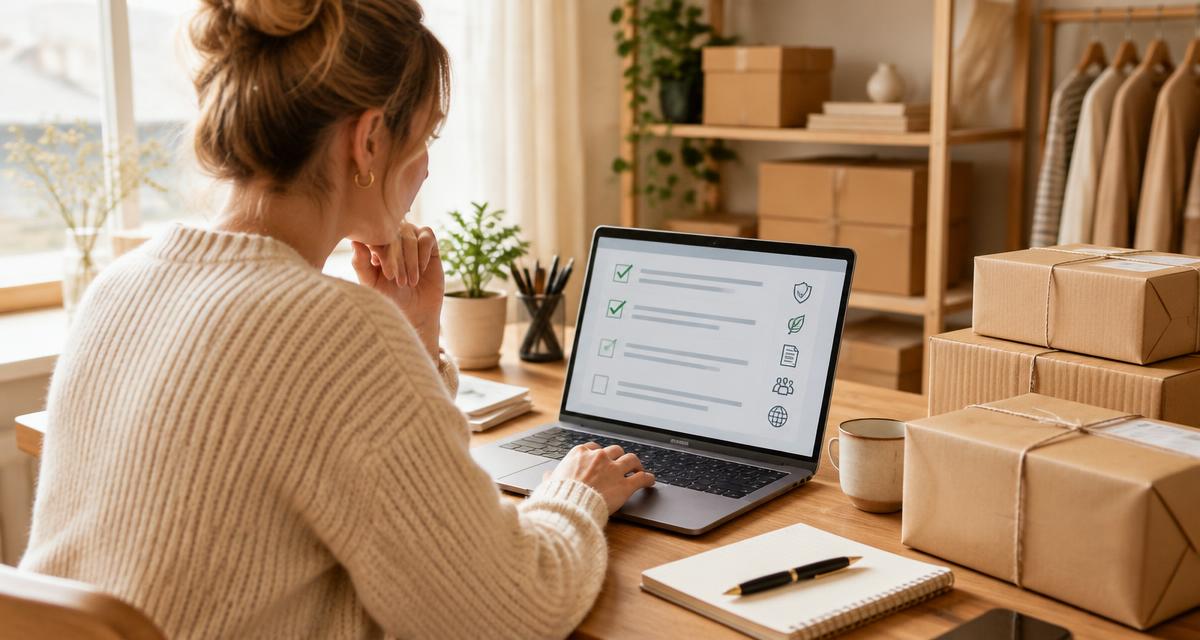 Webshopeigenaar loopt op haar laptop een certificeringschecklist na naast ingepakte pakketten