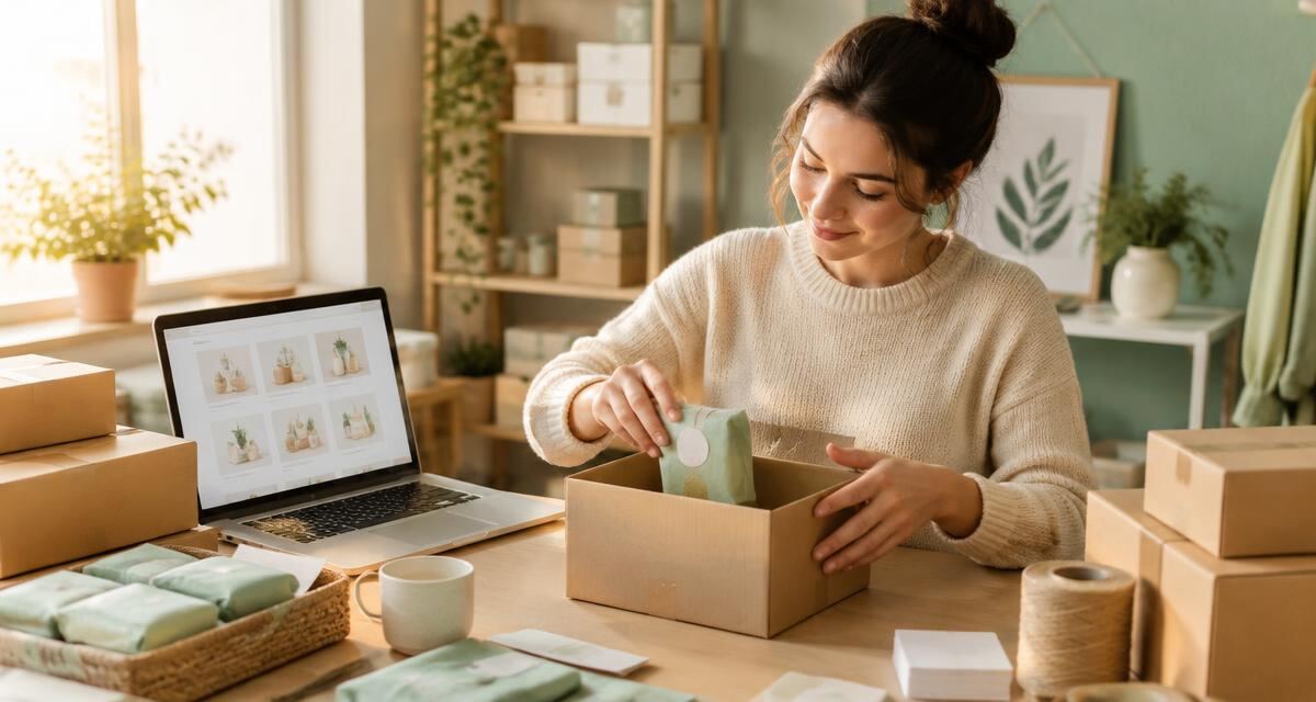 Verkoper pakt een bestelling in naast een laptop met productoverzicht van een online marktplaats