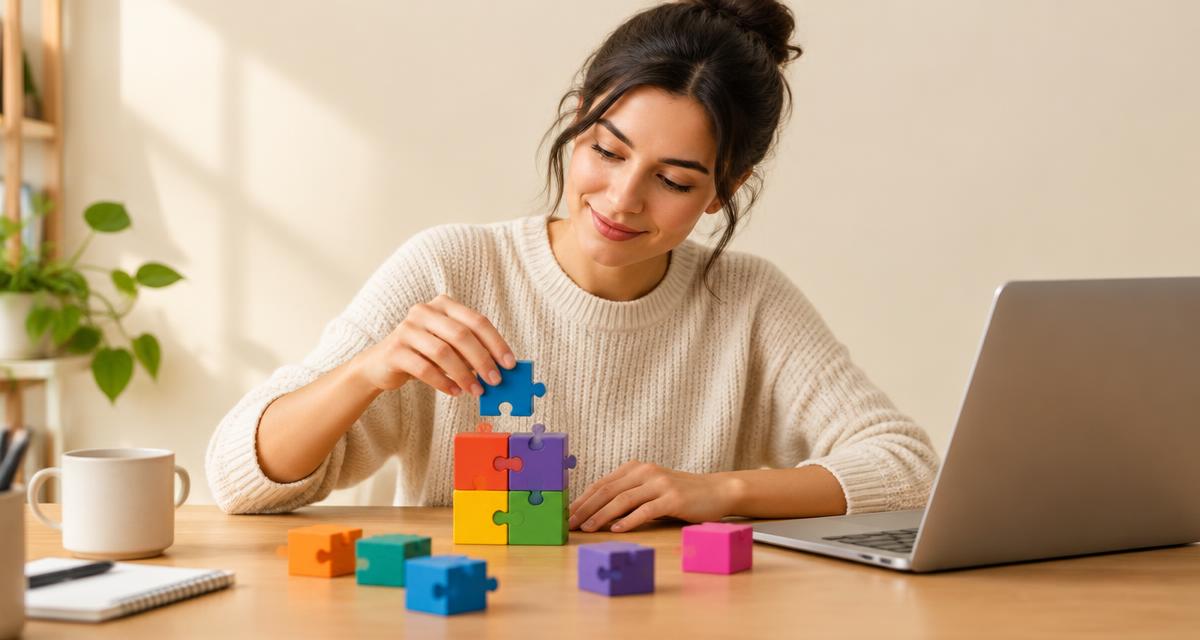 Ondernemer aan een bureau die gekleurde puzzelblokjes op elkaar zet naast een laptop, als beeld voor webshopextensies