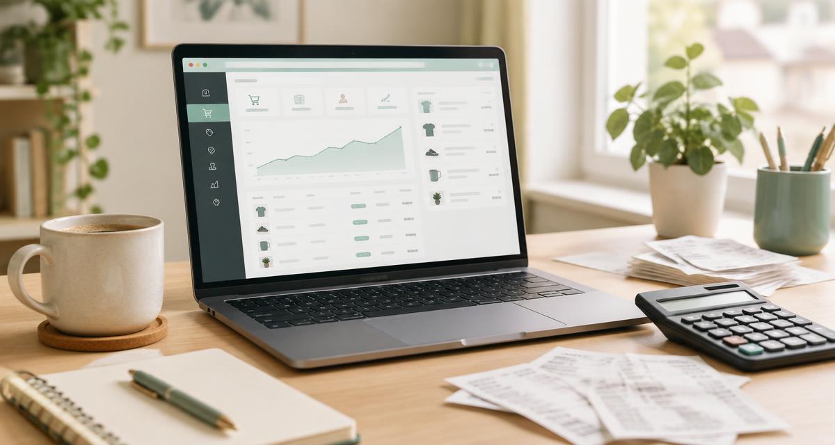 Laptop met het beheerdersoverzicht van een webshop, naast een rekenmachine en bonnen op een licht bureau