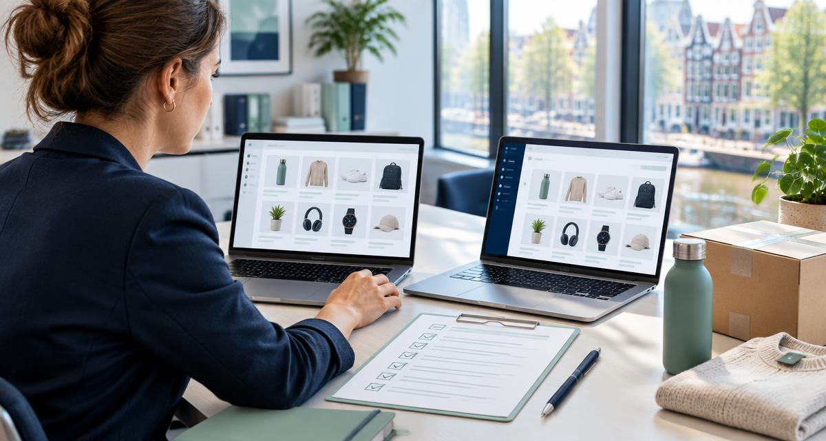 Webshopbeheerder vergelijkt productoverzichten op twee laptops tijdens een WooCommerce naar Shopify migratie