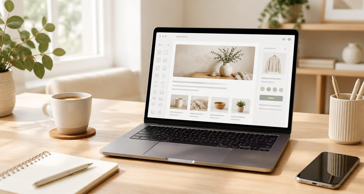 Laptop op een licht houten bureau met een webshopeditor open, naast een kop koffie, notitieboek en telefoon